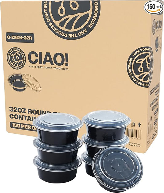 CIAO! Heavy Weight 32oz Injection Molded Microwavable Black Round Food Container with Lid (150/case)
