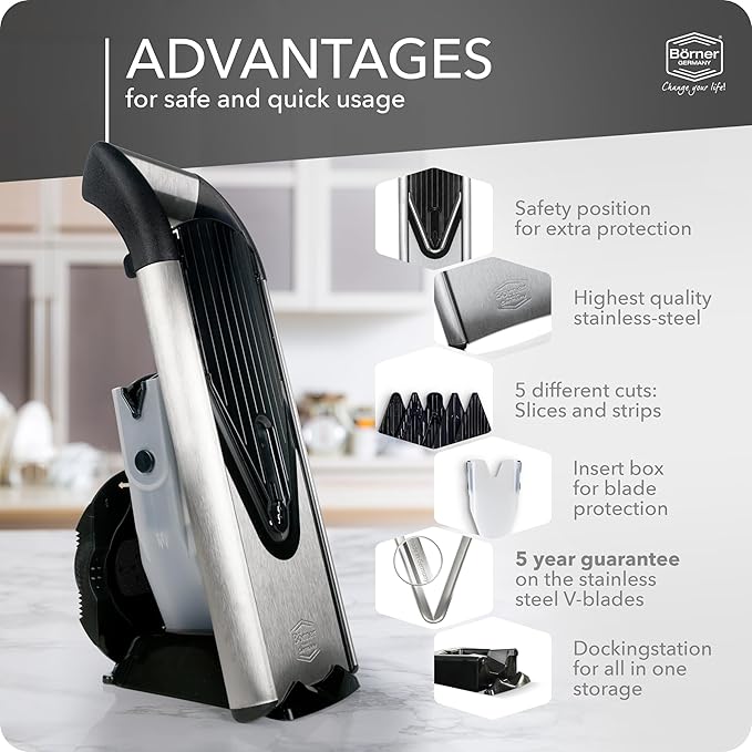 Börner Mandline Slicer V6 (Profi Set) • Stainless Steel Slicer with V-Blade • Adjustable Vegetable Slicer for Vegetables & Fruits • Slices, Strips & Dices in Various Thicknesses • Grater