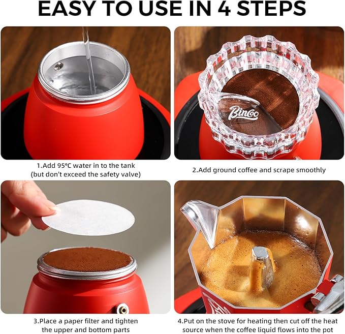 Bincoo Classic Italian Coffee Maker, Moka Pot 6 Cups, Espresso Maker Stovetop Espresso Moka Pot,Single Safety Valve (Red)