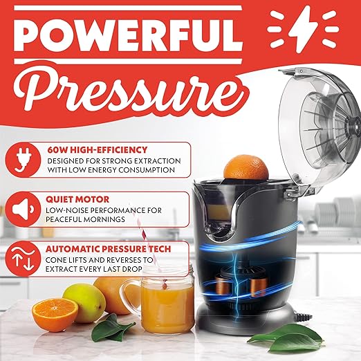 Gourmia Automatic Citrus Juicer - 17 oz Capacity, One-Touch Operation, Universal Cone, Anti-Drip Spout, Dishwasher-Safe Accessories, Compact Quiet 60W Motor