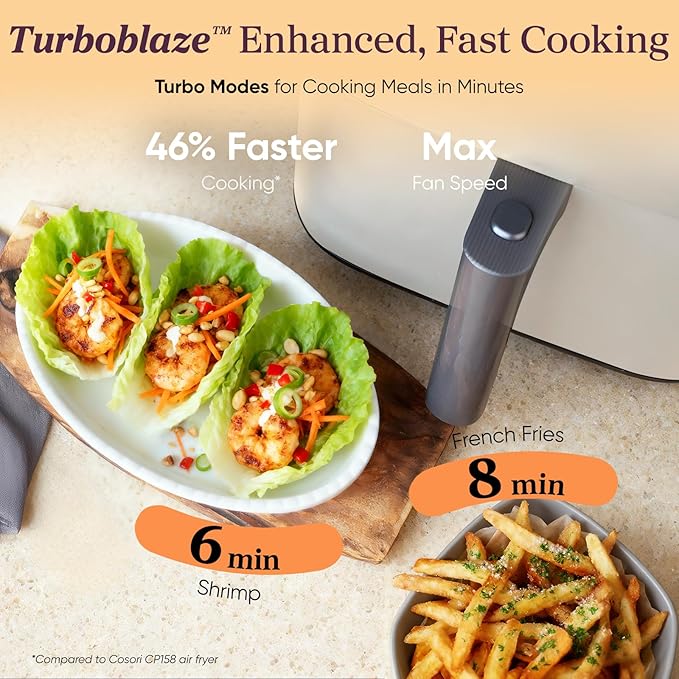 Cosori 9-in-1 TurboBlaze Air Fryer 6 Qt, Smart Control, 90°–450°F, Shake Reminders, Precise Heating for Even Results, Air Fry, Roast, Bake, Broil, Dry, Frozen, Proof, Reheat, Keep Warm, 120V, Cream