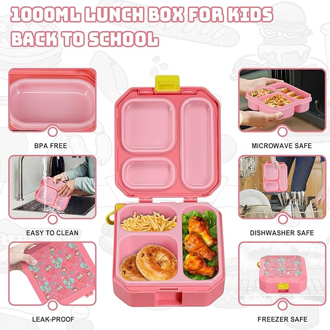 Itslife Bento Lunch Box Set for Kids with 12oz Soup Thermo&Lunch Bag, Leak-Proof Lunch Food Containers for Kids School, 5 Compartment, Sauce Cup, 10 Notes (Mermaids Pink)