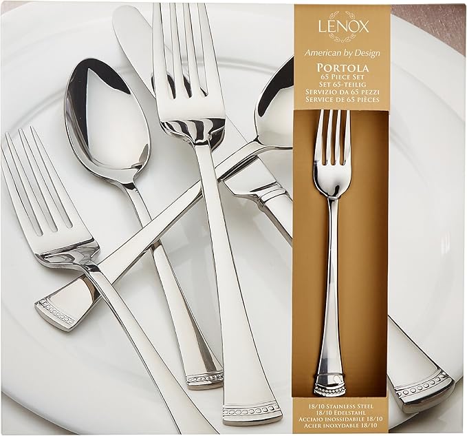 Lenox Silverware Set For 12, Portola 65-Piece Flatware Set with Serving Utensils, Service For 12, 18/10 Stainless Steel Flatware, Dishwasher Safe, Knives Spoons and Forks (Silver, 65 pieces)