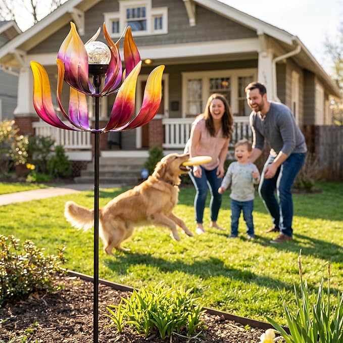 Solar Wind Spinner Outdoor Metal Decor - 61" Tall Lotus Kinetic Yard Art with Color-Changing Crackle Glass LED Light, Dual-Directional Wind Catcher Lawn Ornament for Garden, Patio & Yard Gift