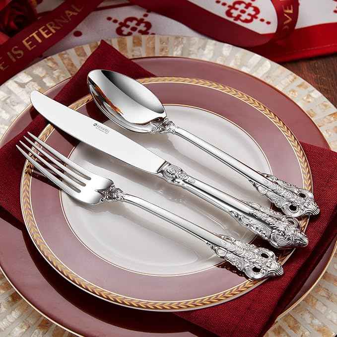 KEAWELL Luxury 45-Piece Silverware Set, 18/10 Stainless Steel, Service for 8, Mirror Finish, Antique Baroque Design, Dishwasher Safe (Silver)