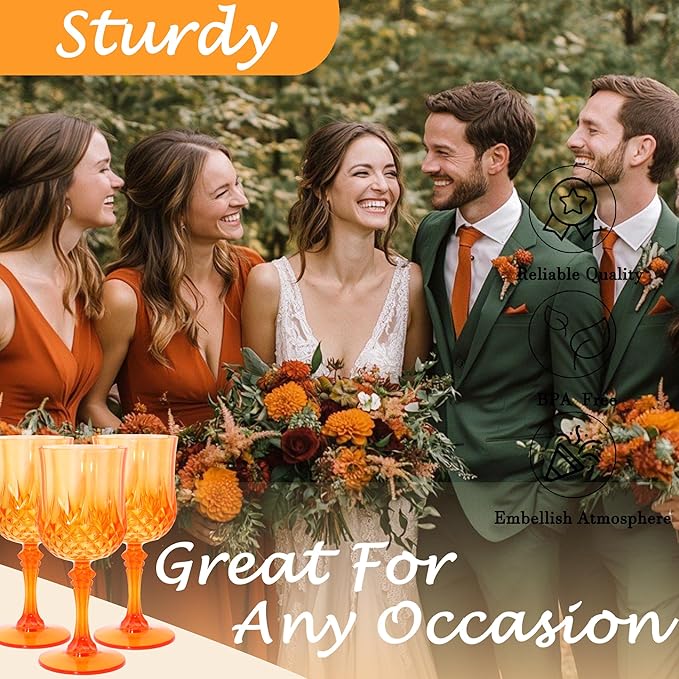 Plastic Wine Glasses, Plastic Goblets Vintage Style Cordial Unbreakable Drinking Glasses, Reusable Drinkware for Wedding Reception, Grand Event Party Supplies (12, Pumpkin orange)