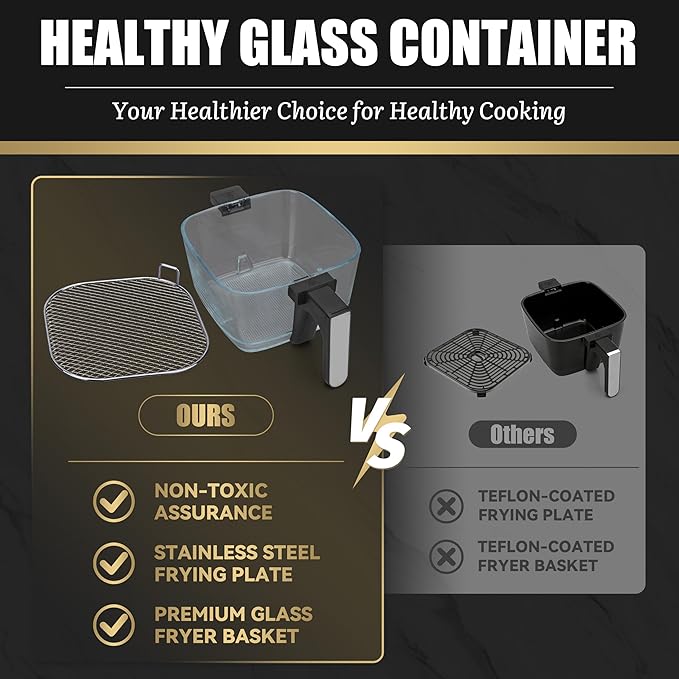 FineMade 12-in-1 Glass Air Fryer Non Toxic,4.5 Quart, Dishwasher-Safe Air fryer Glass Basket, Freidora De Aire De Vidrio, Temperature & Time Programable, PFOA & PFAS Free, Graphite