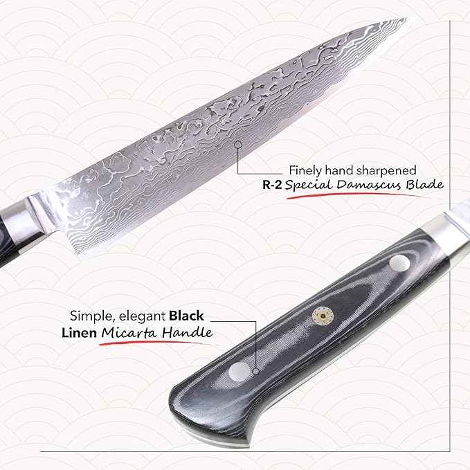 Kagayaki Japanese Chef’s Knife, KGR-1 Professional Petty Knife, Traditional Hammer Forged R-2 Damascus Steel with Ergonomic Linen Micarta Handle, 5.9 inch