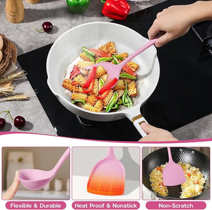 Onader Silicone Cooking Utensils Set, 10 Pieces Kitchen Utensils Set, Pink Kitchen Gadgets Tools Kit for Nonstick Cookware