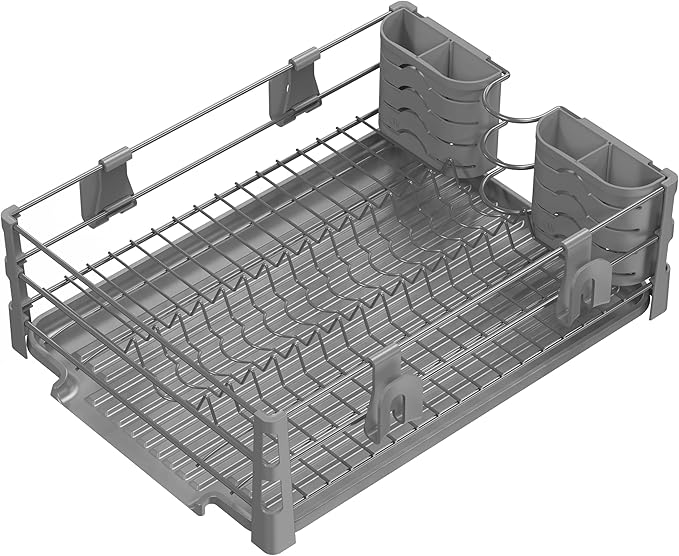 Simple Houseware Dish Drying Rack with Drainboard, Utensil Holder & Mug Hooks, Silver Metal Kitchen Counter Organizer