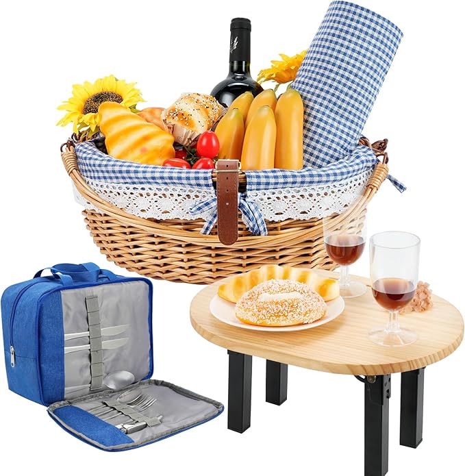 Wicker Picnic Basket Set for 2 with Detachable Table, Utensil Carry Bag,Waterproof Picnic Blanket,Removable Liner Picnic Essentials for Camping,Beach,Birthydas and Family/Couples Gifts
