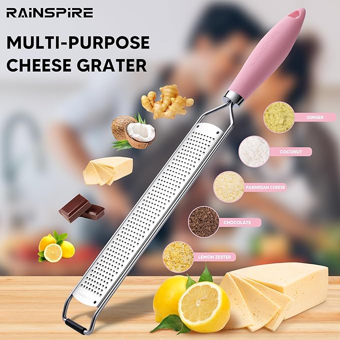 Rainspire Zester Grater with Handle, Lemon Zester Cheese Grater for Kitchen Stainless Steel, Parmesan Cheese Garlic Nutmeg Chocolate Fruits Vegetables Ginger Grater, Fine (Pink)