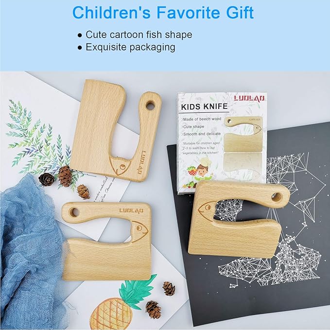 LUOLAO Wooden Kids Knife for Cooking and Safe Cutting Veggies Fruits, Cute Fish Shape Kids Kitchen Tools, Christmas Gifts for kids, 2-5 Years Old Applicable