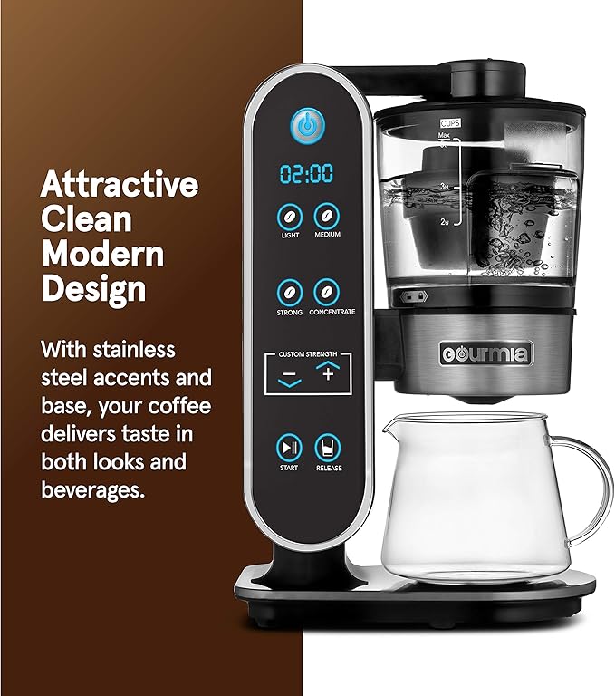 Gourmia GCM7800 Brewdini™ Digital Cold Brew Coffee Maker - Vacuum Technology for 2 Minute Cold Brew - 4 Strength Options - 5 Cup Capacity - Stainless Steel