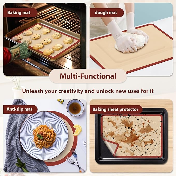 Silicone Baking Mat Set of 6, Baking Mats Silicone for Baking Sheets, Non-Stick & Reusable Silicone Mats for Baking Pastries, Macarons, Cookies, Pizza