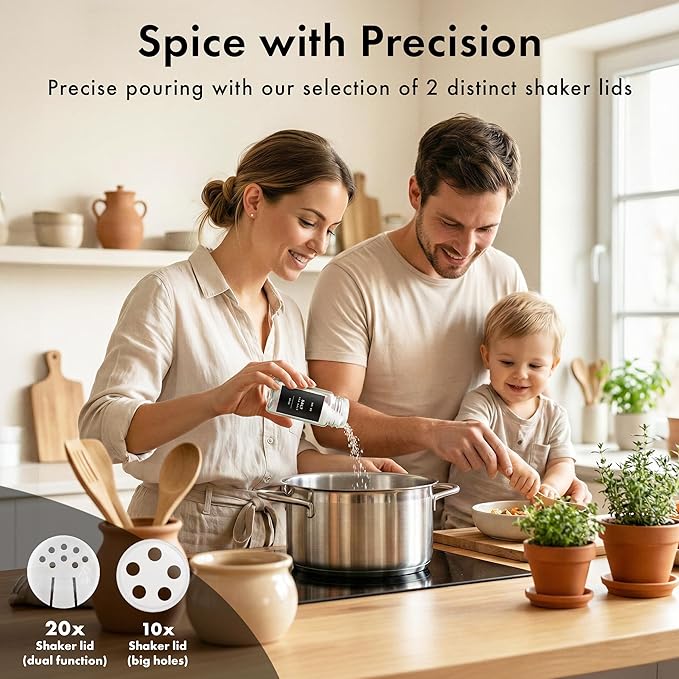 EDELHAUS® Square Spice Jars with Acacia Wooden Lid (Pack of 24) Spice Jars with Shaker Insert and 240 Labels - Acacia Lids Glass Container for Spice Organisation [4.3 in × 1.8 in]