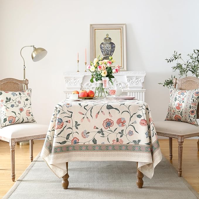 ISAENNE Designer Chinoiserie Linen Floral Small Rectangular Tablecloth,White Wrinkle Resistant Table Cloth,Elegant Decor Tablecloths for Dining Thanksgiving Kitchen Party,55"*71"-Daffy
