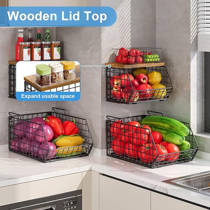X-cosrack Stackable Wire Baskets for Counter, Fruit and Vegetable Storage, Potato and Onion Storage Bin，Kitchen Pantry Organizer - Wall Basket for Produce/Snack/Can, Large with Wood Top, Black