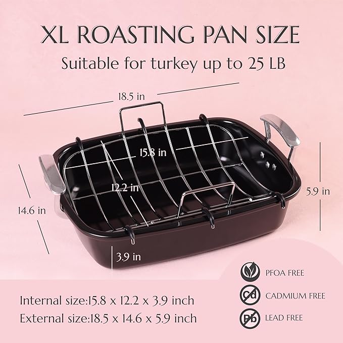 Uukrave Nonstick Turkey Roasting Pan with Rack - Large 18.5 x 14.6 Inch Heavy Duty Roaster for 25 lb Turkey or Chicken, Deep Oven Tray with U-Rack and Wide Handles, Non-Toxic, Black