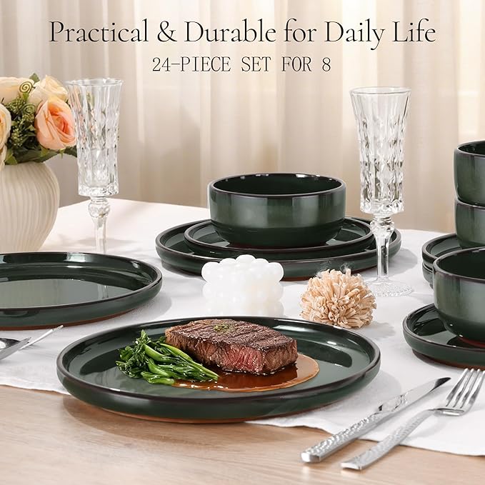 E-far Stoneware Dinnerware Sets for 8, 24 Pieces Reactive Glaze Plates and Bowls Sets, Elegant Dishes with Rustic Terracotta Clay Base, Dishwasher & Microwave Safe, Scratch Resistant, Blackish Green