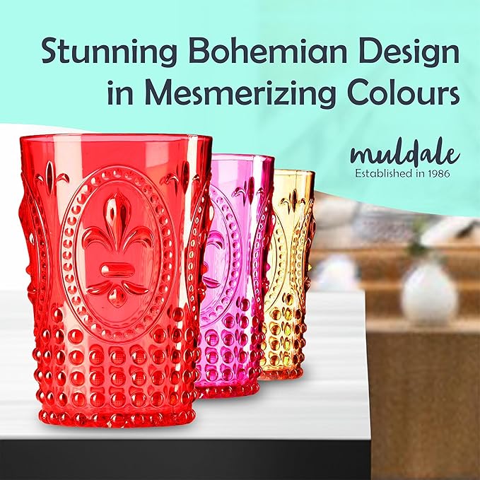 Muldale Vintage Plastic Drinking Glasses Set of 6 - Colored Acrylic Party Highball Tumblers 13.5oz - Boho Stackable Unbreakable Pool Glasses for Adults - BPA Free