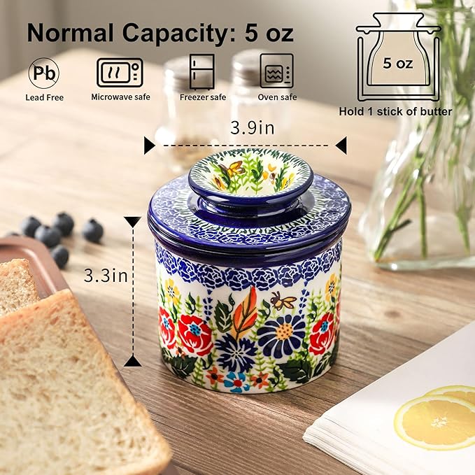 French Butter Crock with Lid for Countertop,Handpainted Floral Butter Keeper with Water Seal Line, Farmhouse Ceramic Butter Container Airtight for Soft Spreadable Butter,Housewarming Gifts