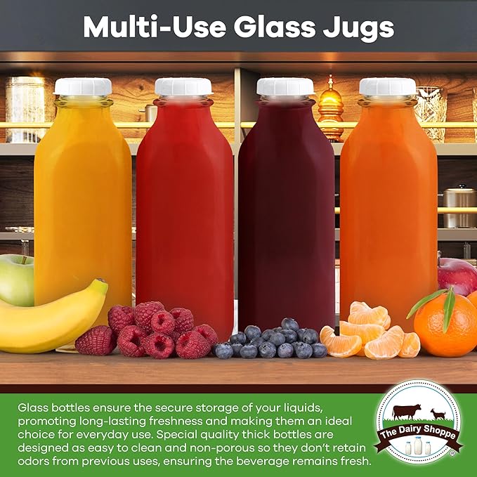 The Dairy Shoppe Heavy Glass Milk Bottles - Jugs with Extra Lids and a Silicone Pour Spout - Clear Milk Containers for Fridge - Reusable Glass Milk Jug Dispenser - Made in USA (33.8 oz, 2 Pack)