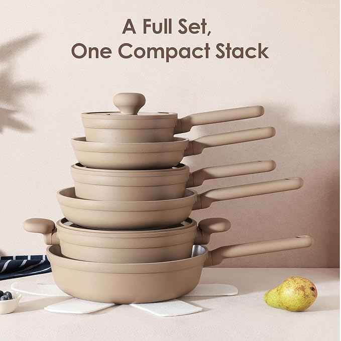SENSARTE Ceramic Nonstick Pots and Pans Set 17pcs, Healthy Induction Cookware Set, Nontoxic Kitchen Cooking Set with Skillets & Saucepans, Stay-cool Handles, PFAS PTFE PFOA PFOS Free,Taupe