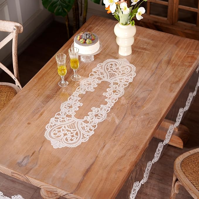 Clear Table Cover Protector Vinyl Table Cloth Rectangle Oil Spill Proof Vintage Rustic Plastic Table Covers for Dining Tables (White Lace, 60 x 84 Inches)