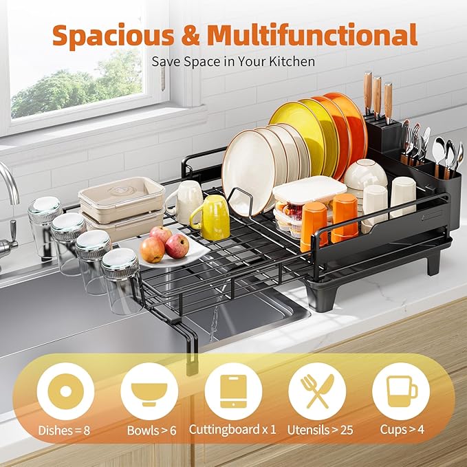 Urackify Dish Drying Rack - Extendable Dish Drainer, Large Dish Rack for Kitchen Counter, Rustproof Dish Strainer with Utensil Holder and Cups Holder, 1 Tier Black