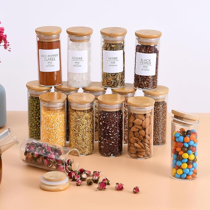 VIKEYHOME Spice Jars with Label, 20pcs 4 oz Glass Jars with Bamboo Airtight Lids, 200 Printed Spice Labels Waterproof Stickers for Seasoning Containers