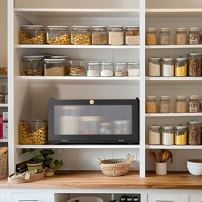 ETMI Black Bread Box for Kitchen Countertop - Modern bamboo Bread box with Window Bread Storage Container