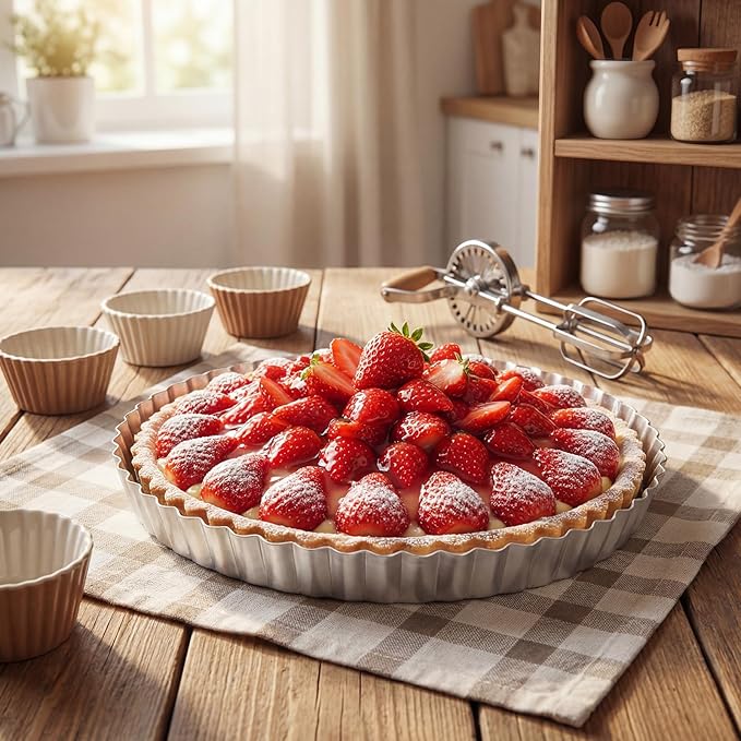 Hushee 2 Pack 9 Inch Tart Pan with Removable Bottom Non-Stick Carbon Steel Quiche Pan for Oven Baking Molds for Pies Quiches Fruit Tart Cake with Fluted Edges, Silver (1 Inch Deep)