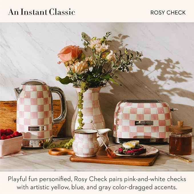MACKENZIE-CHILDS 2-Slice Toaster, Decorative Toaster for Kitchen, Pink-and-White Rosy Check