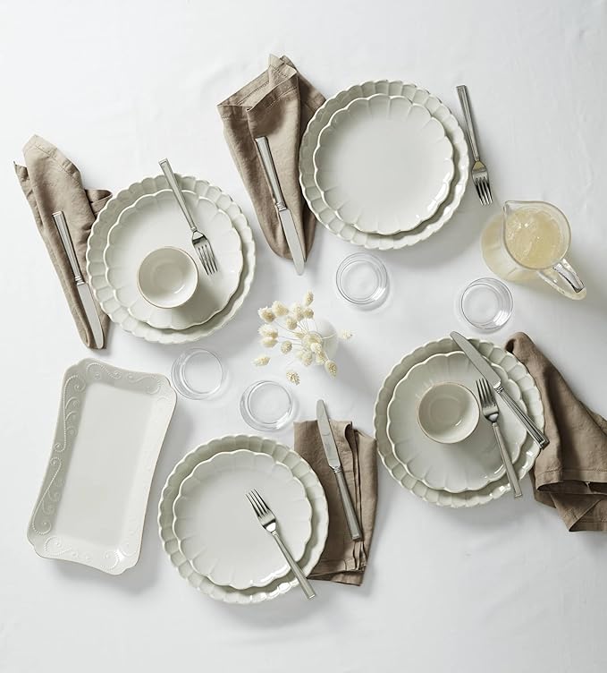 Lenox Dinnerware Set, French Perle Scallop 4-Piece Place Setting, Service For 1, Dinnerware Set, Stoneware, Includes Plates, Bowl, and Mug, Dishwasher And Microwave Safe, Dish Set (White, 4 Piece)