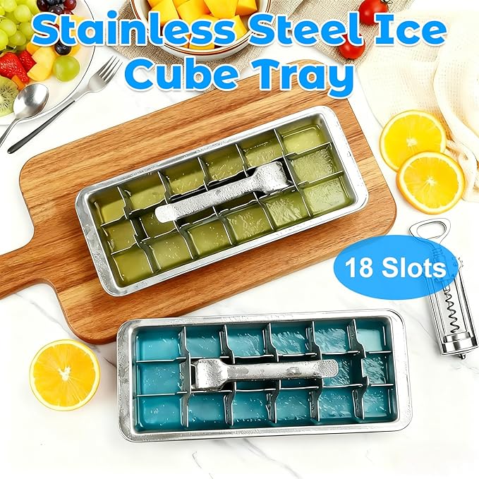 YAYODS 2 Pack Stainless Steel Ice Cube Trays for Freezer, Metal Ice Cube Tray with Tongs, 18-Cell Large Cubes, 304 Stainless Steel Ice Trays for Kitchen & Bar