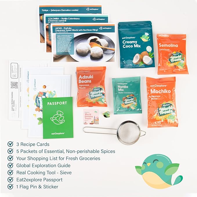 eat2explore Kids Real Dessert Baking Kit for Families | Includes 3 Recipe Cards from Japan, Turkey and Columbia with Key Ingredients, Baking Tools, Perfect for Families and Homeschooling