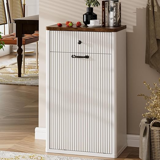 Spurgehom 13 Gallons Tilt Out Trash Can Cabinet Freestanding Kitchen Trash Can Modern Hidden Garbage Recycling Cabinets with Hideaway Drawer Pet Proof Trash Can Holder for Kitchen, White