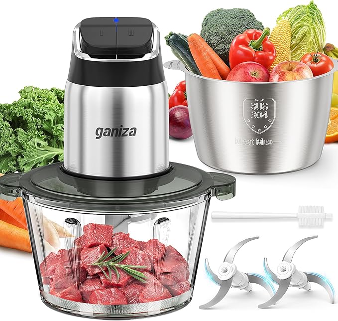 GANIZA Food Processors, Electric Chopper with Meat Grinder & Veggie Chopper - 2 Bowls (8 Cup+8 Cup) with Powerful 450W Copper Motor - Includes 3 Sets of Bi-Level Blades