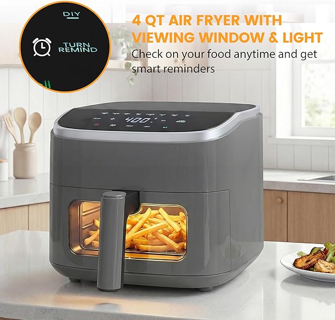 Sweetcrispy Air Fryer 4 Quart with Window, 1500W Digital Airfryer with 8 Presets, 60-Min Timer, Max 400°F, Auto Shut Off & Nonstick Dishwasher Safe Basket, Shake Reminder for Small Kitchen