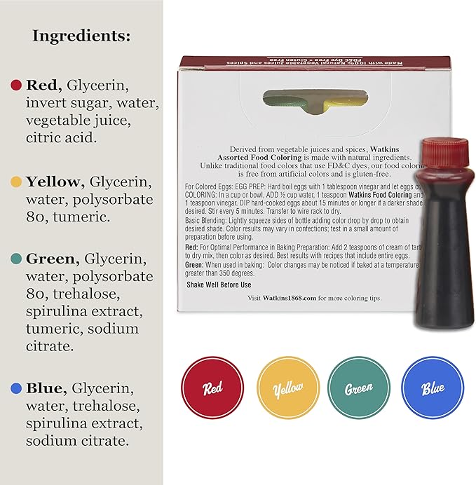 Watkins Assorted Food Coloring, 1 Each Red, Yellow, Green, Blue, Total Four 0.3 oz bottles, 4 Count (Pack of 1)
