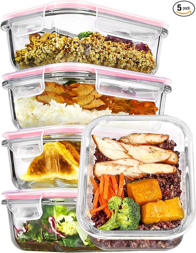 Vtopmart 5Pack 22oz Glass Storage Containers with Lids, Glass Meal Prep Food Container Sets with Snap Airtight Lids for Microwave, Oven, Freezer and Dishwasher, Pink