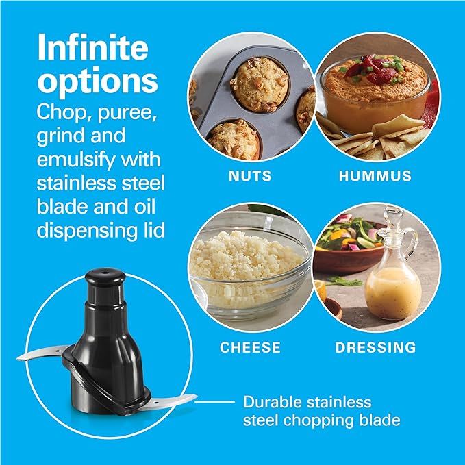 Hamilton Beach Powerful Cordless Mini Food Processor and Vegetable Chopper, 4 Cup Capacity, Fast Recharging, Includes Power Adapter, Chop, Puree, Emulsify, Grind, Dishwasher Safe Bowl, Black (72880)