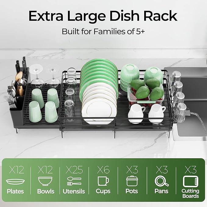 Large Dish Drying Rack, Expandable Dish Rack, Stainless Steel Dish Racks for Kitchen Counter, Multifunctional Dish Drainer with Utensil & Cup Holder, 13.4"-28.7" L x 11.8" W, Black