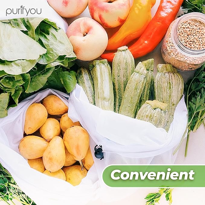 purifyou Set of 9 Reusable Produce Bags – Heavy Duty Washable Mesh Grocery Bags with Drawstring, Ideal for Farmers Market, Beach Storage, Refrigerator Use (Extra Large, Large, Small)
