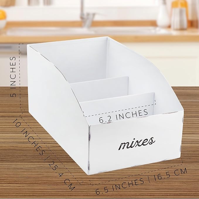 AuldHome Design Farmhouse Baking Mix Organizers (2-Pack, White); Enamelware Pantry Organization Divided Compartment Bins for Food Mixes and Spice Packets