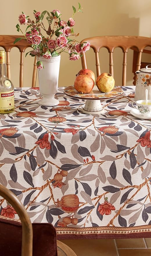 patdrea Designer Linen Extra Long Rectangle Tablecloth,Framhouse Vintage Pomegranates Leaves Pattern Tablecloths,Table Cover Decor for Kitchen Dining Christmas,Thanksgiving,63"x110"-Tehran a