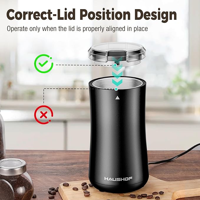 HAUSHOF Coffee Grinder Electric, One Touch Coffee Bean Grinder for Beans, Spices, Herbs and Seeds, Compact Design, with Clean Brush Black