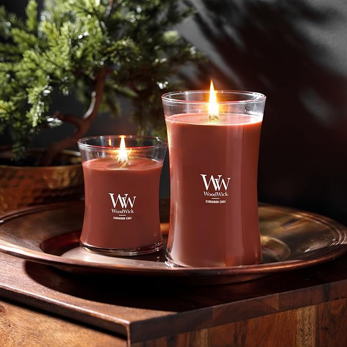 WoodWick Cinnamon Chai Holiday Candle Gifts for Women and Men, 21.5 oz Large Hourglass Candle with Crackling Wick