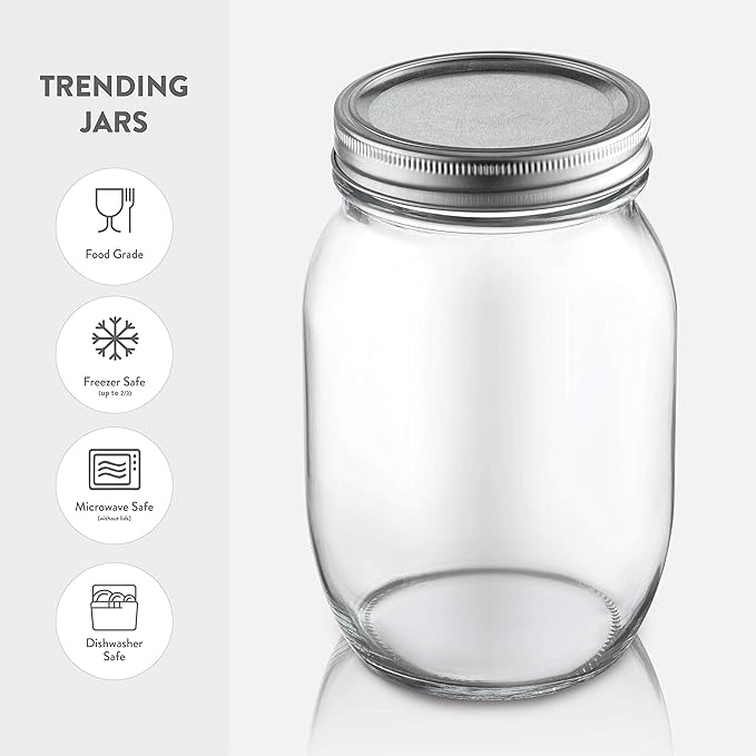 Paksh Novelty Wide Mouth Mason Jars With Lids 32 oz – Glass Quart Mason Canning Jars, Large Mason Jar Wide Mouth for Canning, Pickling, Jelly Preserving & Meal Prep, 2-Pack